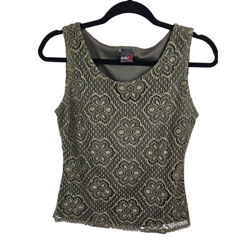 Studio Y Sleeveless Olive Green Floral Lace Lined Tank Top Blouse Size Small
